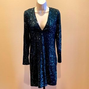 Express Dk. Green Sequenced Deep V-Neck Dress Size: M